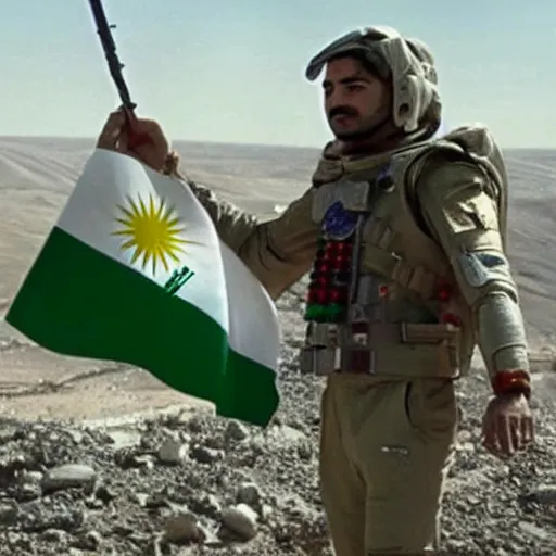 Image similar to kurdish astronaut holding a iraqi kurdistan flag in a movie directed by christopher nolan, movie still frame, promotional image, imax 7 0 mm footage