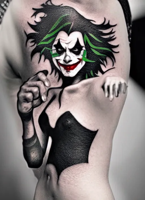 Prompt: a tattoo design of a joker girl holding an ace, hyper realistic, black and white