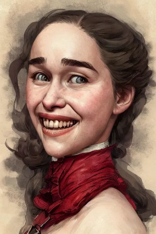 Image similar to Emilia Clarke smiling warmly in a 1800s American Corset in Red Dead Redemption anatomy, detailed face, only two hands, highly detailed, digital painting, artstation, concept art, smooth, sharp focus, illustration, Unreal Engine 5, 8K, art by art by artgerm and greg rutkowski and edgar maxence