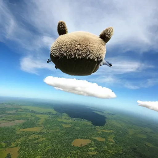 Prompt: super fat totoro skydiving while waving at the camera