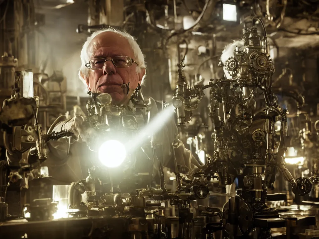 Prompt: bernie sanders building a steampunk clockwork doomsday robot, cinematic moody lighting, sharp focus, dirty laboratory, imax