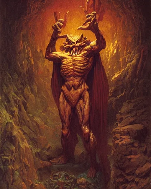 Image similar to A hobgoblin. He has a very menacing expression. he is standing in a cave. Award winning oil painting by Thomas Cole and Wayne Barlowe. Highly detailed