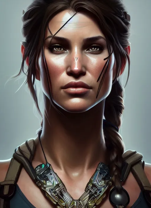 Image similar to symmetry!! portrait of lara croft, floral! horizon zero dawn machine, intricate, elegant, highly detailed, digital painting, artstation, concept art, smooth, sharp focus, illustration, art by artgerm and greg rutkowski and alphonse mucha, 8 k