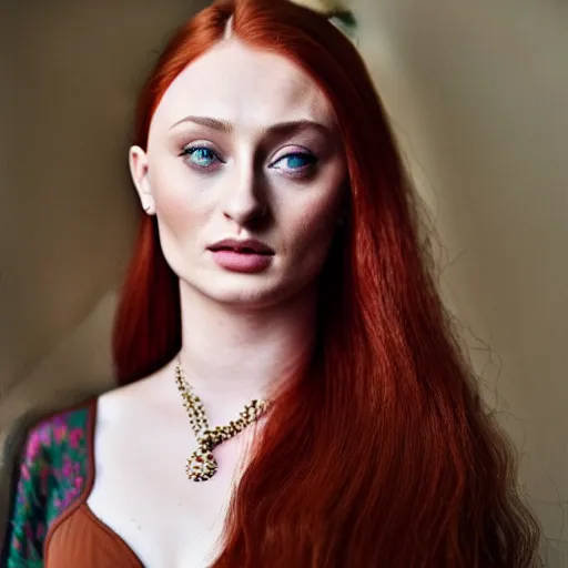 Image similar to 3 5 mm coloured film portrait of sophie turner wearing kebaya, hyperrealism, photorealistic, detailed, atmospheric, 8 k, award winning photography, cinematic