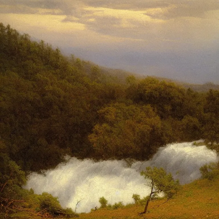 Prompt: hudson river school painting, Albert Bierstadt, naturalism, great river, Phragmites, steep mountains, incoming storm