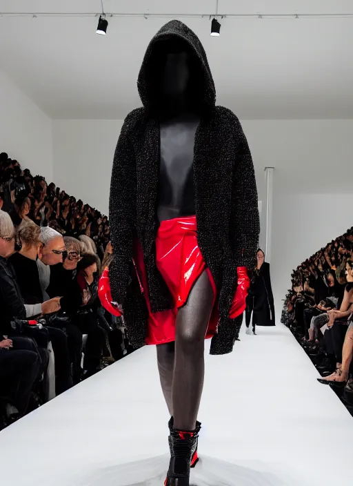 Prompt: hyperrealistic and heavy detailed balenciaga avant garde runway show of jason voorhees, leica sl 2 5 0 mm, vivid color, high quality, high textured, real life, full body in shot, medium distance