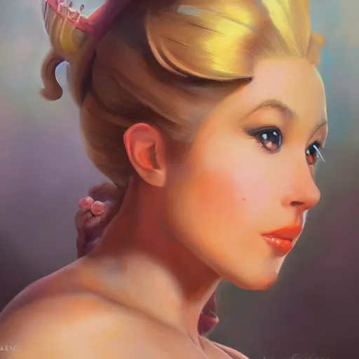 Image similar to An ultra realistic portrait painting of Princess Peach in the style of Frank Frazetta, 4k, Ultrarealistic, Highly Detailed, Dark Fantasy, Epic Lighting