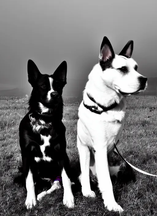 Image similar to two dogs black and white portrait white sky in background