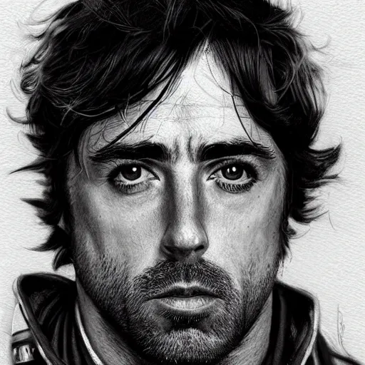 Image similar to portrait of a spanish racing driver fernando alonso, colourised, face portrait, epic, tragic, military art, fantasy, dieselpunk, hd shot, digital portrait, beautiful, artstation, comic style, by artgerm, guy denning, jakub rozalski, magali villeneuve and charlie bowater