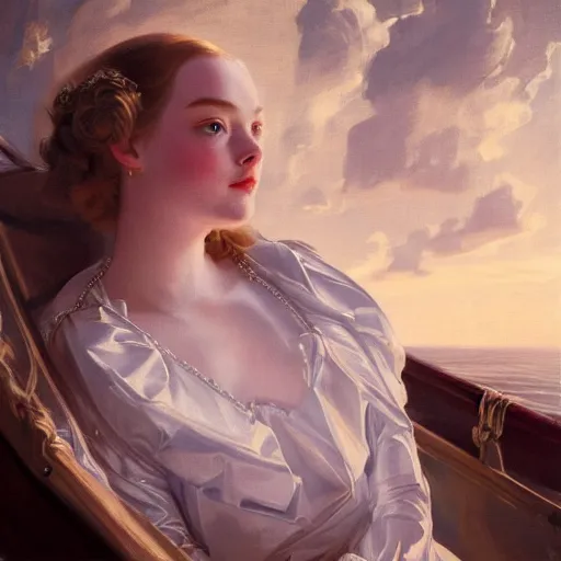 Image similar to leyendecker and peter paul rubens, head and shoulders portrait of a elle fanning, nighttime, on a boat, unreal engine, fantasy art by global illumination, radiant light, detailed and intricate environment