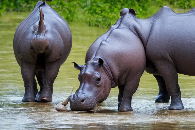 Image similar to a Hippopotamus string at a Rhinoceros, both preparing themselves to what is to come next