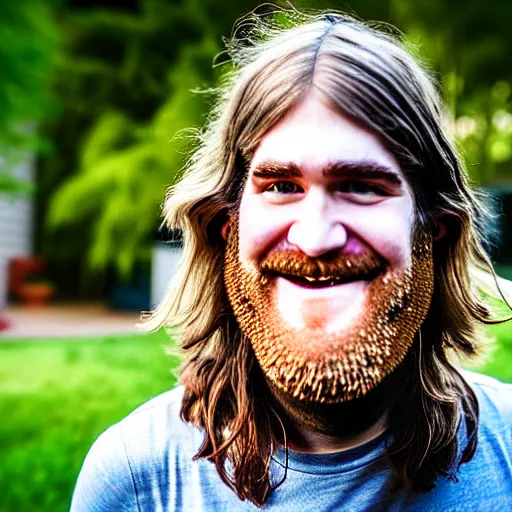 Prompt: bearded long - haired bo burnham outside of his house, smiling and dancing, ultra - realistic, 8 k