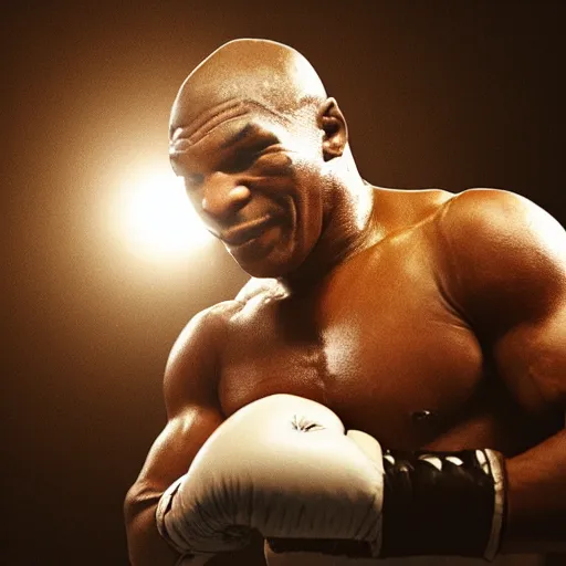 Image similar to mike tyson in a boxing arena, smoky background, rim backlighting