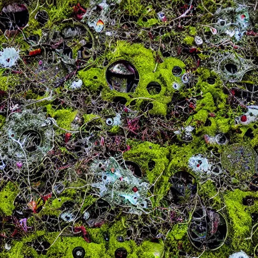 Prompt: moss and lichen dotted biomechanical trees growing on junkyard heaps of electronics and automobile scrapyards amongst puddles of glistening oil