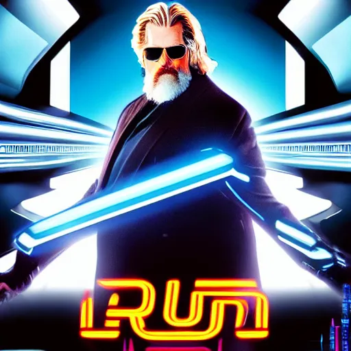 Image similar to dude lebowski played by jeff bridges in tron movie realm, photorealistic movie still, detailed 8 k, poster style, high resolution