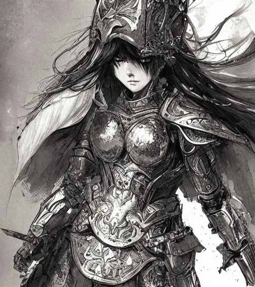 Image similar to anime woman in armor, pen and ink, intricate line drawings, by craig mullins, ruan jia, kentaro miura, greg rutkowski, loundraw