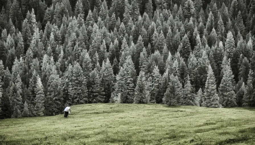 Prompt: tyrolean farmer transforming into a tree, alpine forest, dolomites, muted, bleak, funereal, somber, melancholic, mournful, gloomy, dismal, sad, pale, washed-out, desaturated, grey, subdued, dull, dreary, depressing, weary, tired