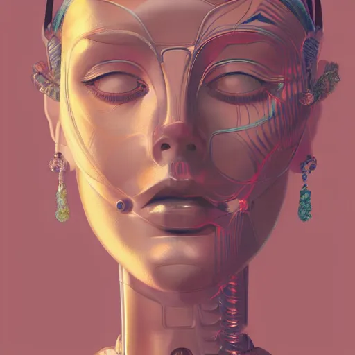 Prompt: Portrait of a female robot, art deco design, by Mandy Jurgens and Warhol, Ernst Haeckel, James Jean, artstation, concept art,