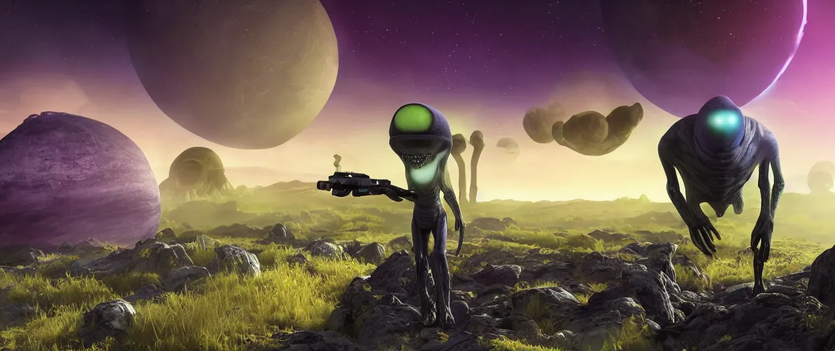 Image similar to grey alien with large black eyes holding an energy rifle on an alien planet with purple soil, green sky, blue and yellow fauna, alien creatures in the background, 3d render, Unreal Engine, octane render, ray tracing, Unity, highly detailed, high quality, HD, 4k, 8k, realistic, sharp, trending - H 768