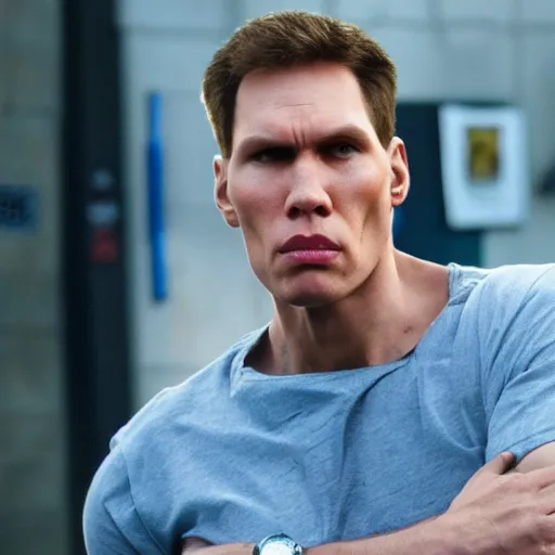 Image similar to Live Action Still of Jerma985 in Bad Boys, real life, hyperrealistic, ultra realistic, realistic, highly detailed, epic, HD quality, 8k resolution, body and headshot, film still