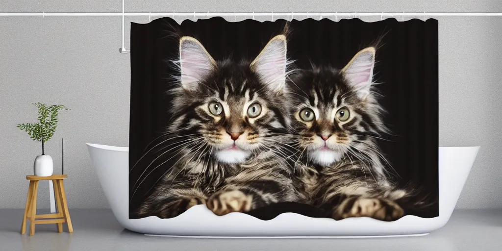 Image similar to a ( ( ( ( ( maine coon kitten ) ) ) ) ) in mandolorian ( tv ) artwork themed shower curtain, shower curtain. digital art. product photography. product lighting. 4 k, highly detailed. saturated. pixar 3 d.