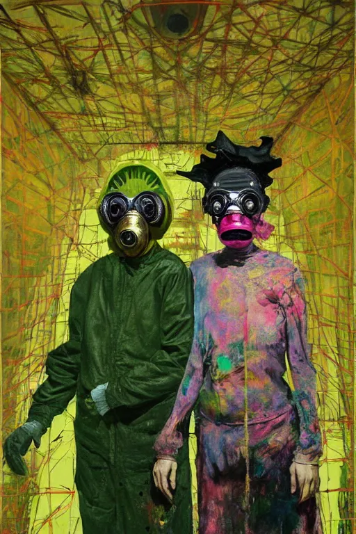 Prompt: two skinny old people, wearing gas masks, draped in gold, green and pink, inside a brutalist designed space ship, surrealism, painted by Francis bacon, Adrian ghenie, James jean and Petra cortright, gothic, dark art by Takato Yamamoto. 8k masterpiece