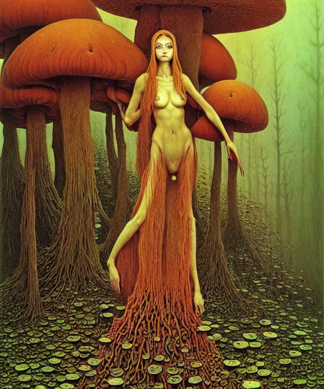 Prompt: A detailed funguswoman stands among the mushroom forest. Wearing a ripped mantle, robe. Perfect faces, extremely high details, realistic, fantasy art, solo, masterpiece, art by Zdzisław Beksiński, Ivan Bilibin, Dariusz Zawadzki