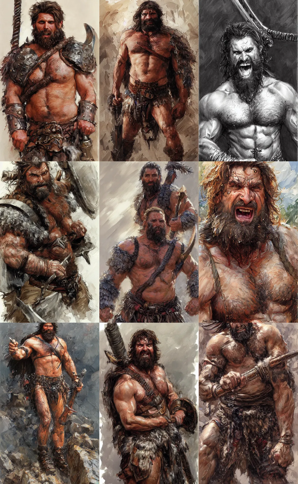 Prompt: hulking barbarian warrior, bearded, chest hair, friendly face, half-body shot, candid, by Michael Garmash, Donato Giancola