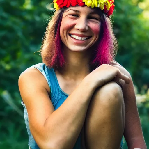 Prompt: award winning photograph of a smiling female neanderthal with short haircut and beautiful headband, vivid color, f 1. 8, cannon, nikon, national geographic
