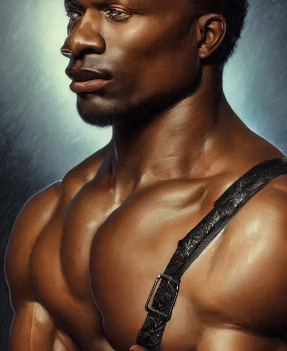 Image similar to a dark skinned muscular man wearing an intricate and detailed suspenders, glistening skin, honey birdette, realistic renaissance portrait, highly detailed, digital painting, artstation, concept art, smooth, sharp focus, cinematic lighting, art by john collier, artgerm and greg rutkowski and alphonse mucha and jacques louis david