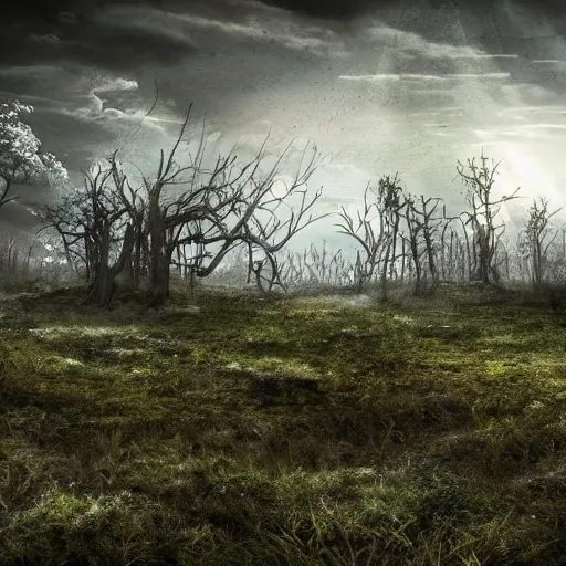 Image similar to an overgrown unpopulated landscape barren and post apocalyptic, studio lighting, realistic, high detail