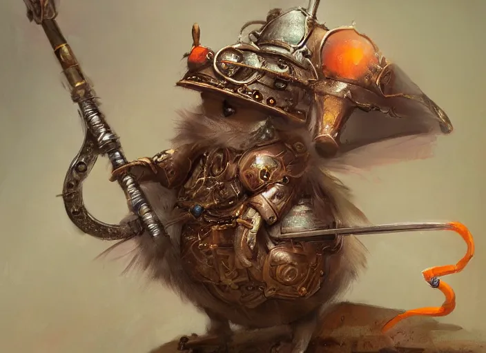 Prompt: ashigaru steampunk feathered mouse, colorful plumage, lacquered armor, polearm glaive, cute but determined, hard focus, art station, by jessica rossier and brian froud, cinematic, orange grey white