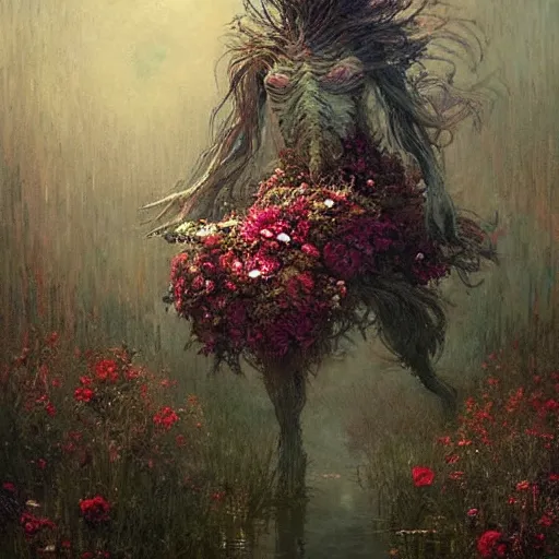 Image similar to a beautiful terrifying monster made of flowers. ethereal horror fantasy art by greg rutkowski and magali villanueve and monet