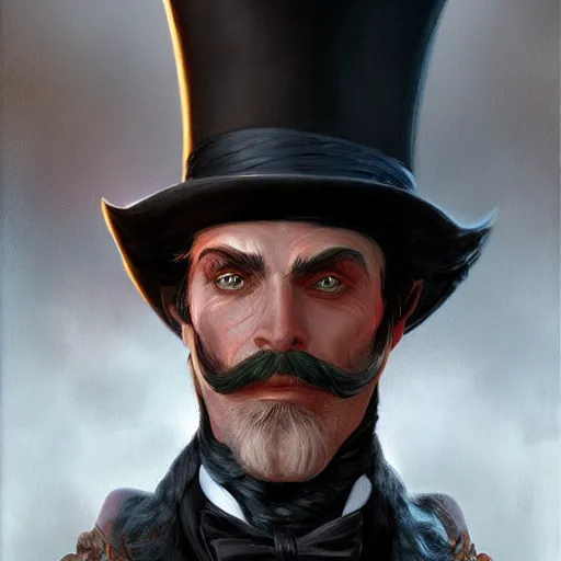 Prompt: Doran, a human warrior in a top hat, 8k resolution, full-length portrait, digital painting, fantasy illustration by Brom, D&D character art