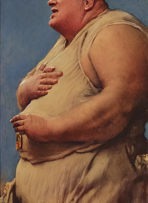 Prompt: kenneth mcmillan as baron vladimir harkonnen in dune, dynamic, by norman rockwell and craig mullins and lawrence alma tadema and nc wyeth and tom lovell, arstation baron character