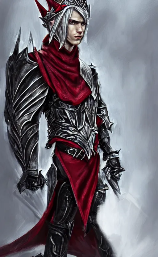 Image similar to A portrait of a male elf, 20 years old, short silver hair, red eyes, wearing a spiked black metal crown, black heavy armor with gold trim, and a red cape, lean but muscular, attractive, command presence, royalty, weathered face, smooth, sharp focus, illustration, concept art, highly detailed portrait, muscle definition, fantasy painting, ArtStation, ArtStation HQ