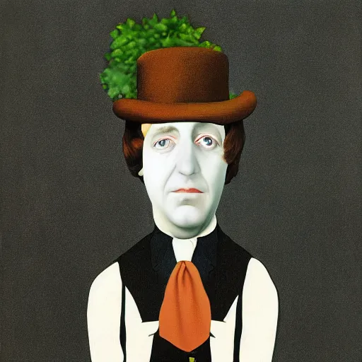 Image similar to rain of Beatles Member, in the style of Magritte, lots of music details