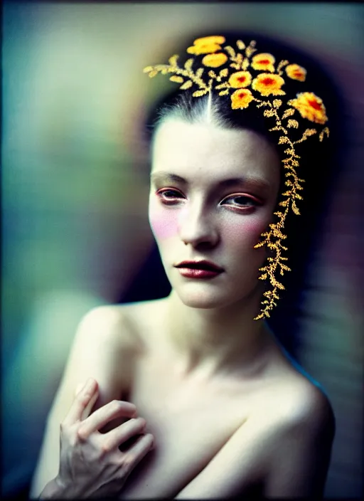 Image similar to kodak portra 4 0 0 double exposure portrait of a beautiful woman in style of antoine d'agata, dressed an ornamental intricate detailed flowers, 1 5 0 mm lens, elegant, highly detailed, sharp focus,, octane render, ethereal, out worldly colours, emotionally evoking, head in focus, soft blur light dreamy, volumetric lighting unreal engine, epic fantasy