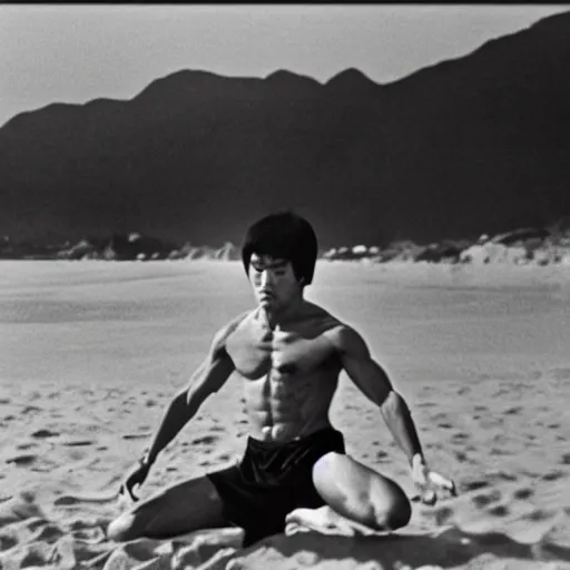 Image similar to bruce lee meditating on the beach