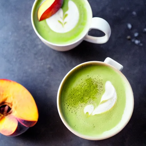 Image similar to peach matcha latte being served by a cute lizard, high quality food photography