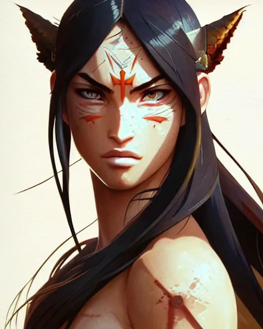 Image similar to azctec warrior, megan fox, finely detailed perfect face, exquisite details, fire magic, mid view, design on a white background, by studio muti, greg rutkowski makoto shinkai takashi takeuchi studio ghibli