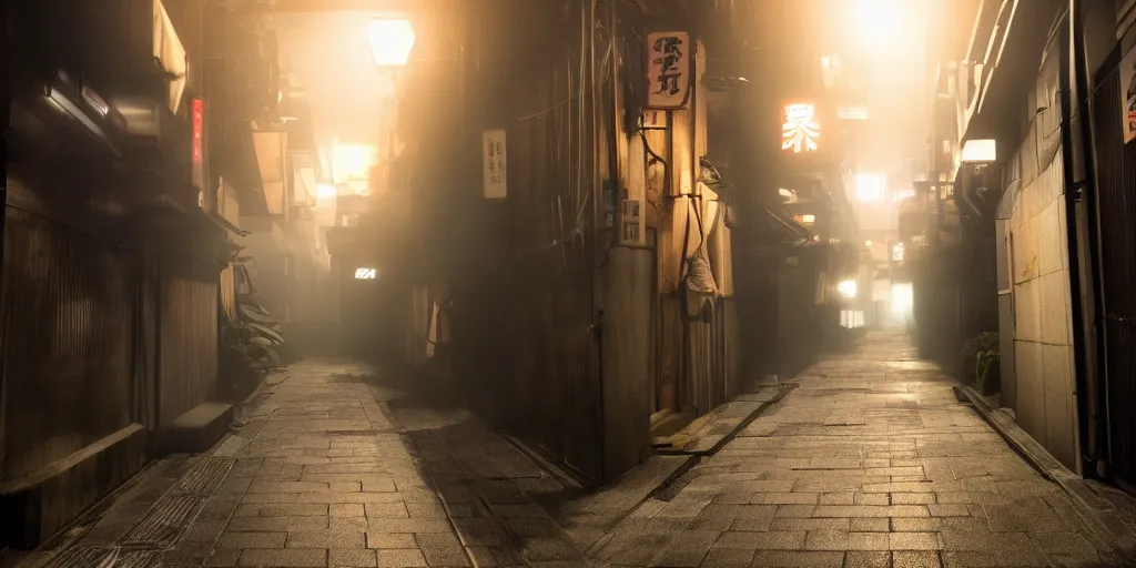 Image similar to a japanese alleyway filled with ghosts, in the style of blade runner 2049, volumetric lighting