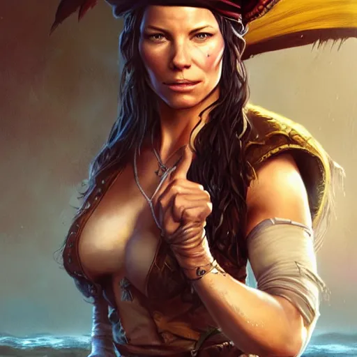 Prompt: evangeline lilly as a pirate, digital illustration, by artgerm and greg rutkowski,