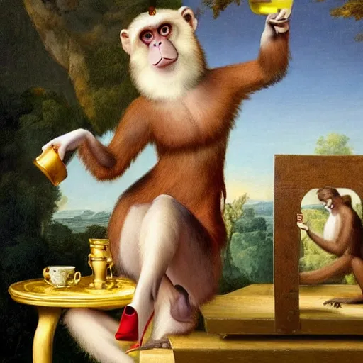 Prompt: a monkey with heels drinking tea as a baroque painting