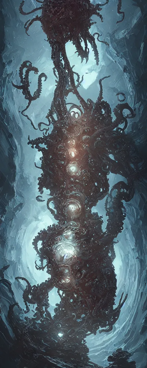 Prompt: A full body portrait of a Lovecraftian character art by Cedric Peyravernay, Grzegorz Rutkowski and Jason Chan, cosmic horror, ominous, mysterious