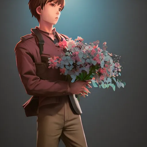 Image similar to Clothed,worksafe.at CGSociety by WLOP,ilya kuvshinov,krenz cushart,Greg Rutkowski,trending on artstation.Zbrush sculpt colored,Octane render in Maya,Houdini VFX.A boy who fall in love, holding flowers bouquet.Cinematic dramatic atmosphere,sharp focus,soft volumetric studio lighting.