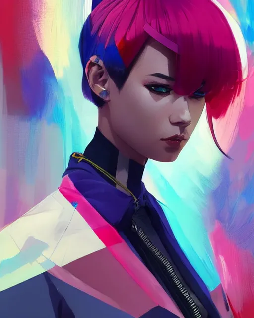 Image similar to poster woman with futuristic streetwear and hairstyle, colourful, cute face, dynamic portrait, intricate eyes,, beautiful, elegant, Anime by Kuvshinov Ilya, Cushart Krentz and Gilleard James, 4k, HDR, Trending on artstation, Behance, Pinterest, award winning