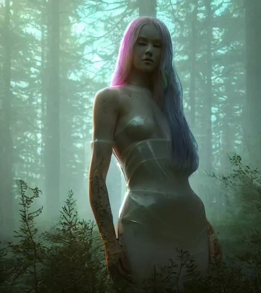 Image similar to daydreaming of the maiden with fuidity transparent dress in the blockchain cyberpunk forest by maciej kuciara, majestic light, octane render, beauty fog, ethereal glare of the sun, raining rainbow, volumetric lighting, hyperealistic, epic, masterpiece