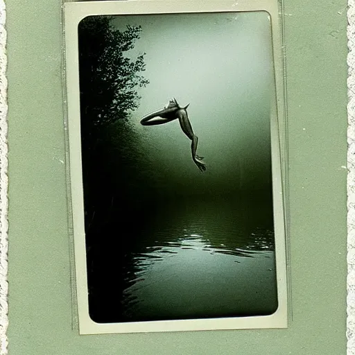 Image similar to semi translucent smiling frog amphibian floating upside down over misty lake in Jesus Christ pose, polaroid shot by Andrei Tarkovsky, paranormal, spiritual, mystical