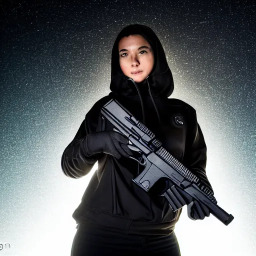 Image similar to photographic portrait of a techwear woman holding a Glock 18, closeup, on the rooftop of a futuristic city at night, sigma 85mm f/1.4, 4k, depth of field, high resolution, 4k, 8k, hd, full color